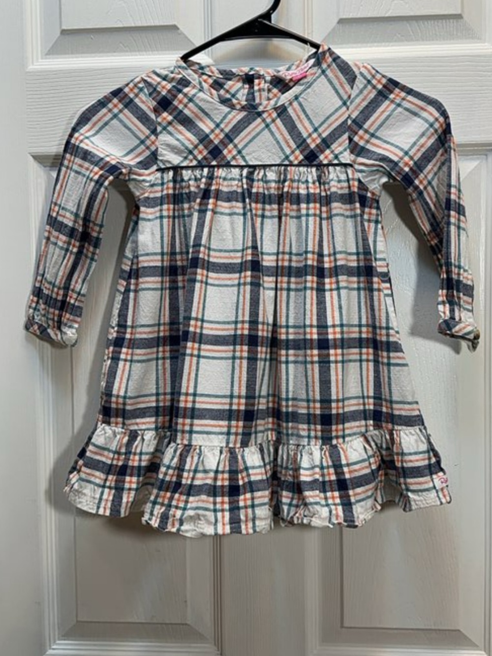 Girls Long Sleeve Plaid Ruffle Hem Casual Dress - Navy & Cream